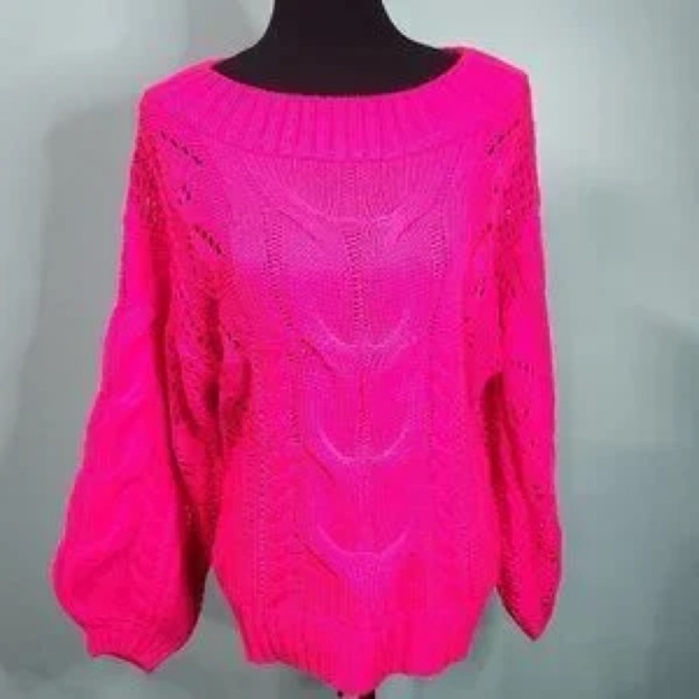 Neon Pink Cable Knit Scoop Neck Sweater